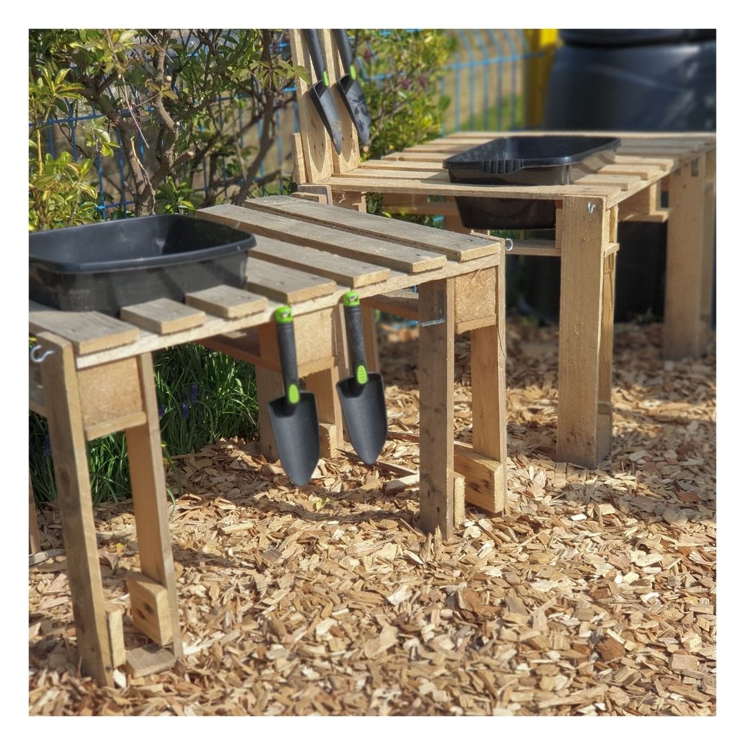 Wooden shelves on Eco Garden Path Wood Chippings