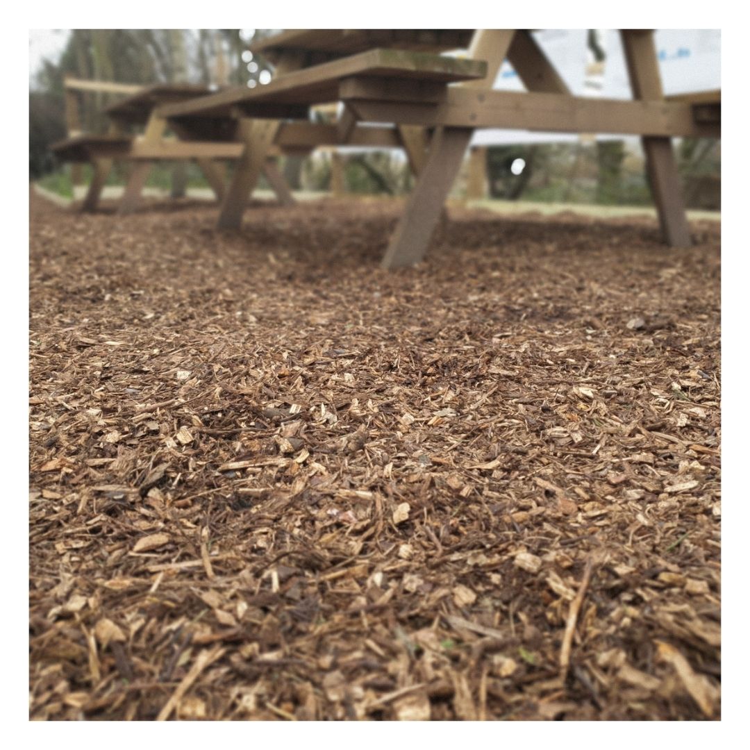 Eco Garden Path Woodland Mulch with a bench